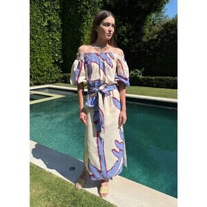 BENAAR LA Katara Off the Shoulder Maxi Dress Periwinkle Palm Tie Waist Women's S